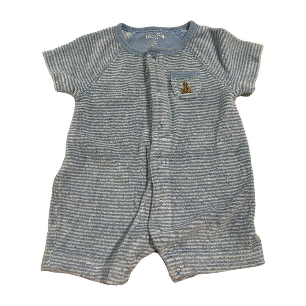 Baby Gap Blue & White Terry Cloth Striped Romper w/ Teddy Bear - Size 0-3 months
